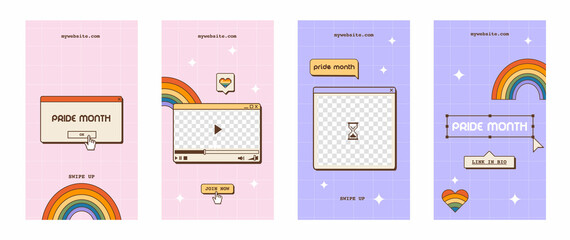 Poster - Set of vaporwave retro social media stories for LGBTQ Pride Month. Y2K aesthetic vertical banner or poster. Queer story template with old computer dialog window, rainbow and heart. Vector illustration