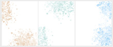 Set Of 3 Delicate Abstract Watercolor Style Vector Layouts. Light Blue, Beige And Mint Green Paint Stains On A White Background. Pastel Color Stains And Splatter Print Set.
