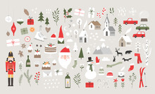 Cute Vector Set With Christmas Illustrations. Santa Claus, Nutcracker, Gifts, Houses, Trees, Holiday Desserts, Cars, Mountains, Gnome, Twigs, Snowman. New Year's Decoration Elements.