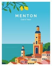 Menton Background Landscape Illustration With Colored Style. Travel To Menton France.