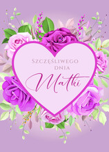 Karta Lub Baner Na Dzień Matki W Kolorze Fiołkowym W Sercu I Wokół Róż W Kilku Kolorach Na Fioletowym Tle Gradientu Kolorów