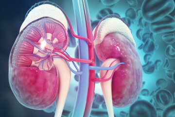 Human kidney cross section on scientific background. 3d illustration