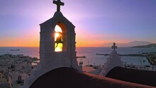 Greek Island Travel Destination. Mykonos Church At Sunset In Greece