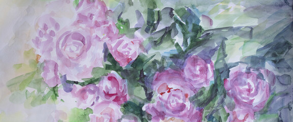  Blooming roses color of season 2022 panorama background. Summer beautiful flowers. Watercolor brush strokes wet texture with smudges.