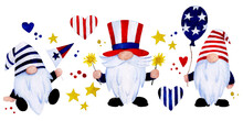 Watercolor Drawing. Set Of Festive Characters, Leprechauns For The Independence Day Of America. 4th Of July, Usa Independence Day, Cute Blue And Red Color Elements, American Flag