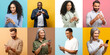© Vadim Pastuh - Addiction to gadgets. Collage of multi-generations diverse people using smartphones for chatting online, web surfing, multiracial men and women with phones isolated on color background