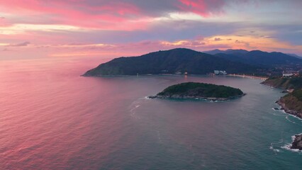 Wall Mural - Tropical island coast sunset aerial view. Phuket sea shore Thailand