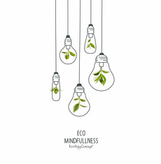 Wall Mural - Energy saving eco lamps, made with green leaves with sketches. LED lamp with green leaf. Minimal nature concept. Think Green.Ecology Concept. Environmentally friendly planet.