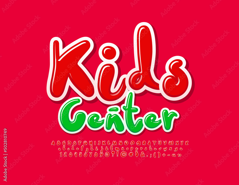 Vector colorful sign Kids Center. Red Handwritten Font. Modern Alphabet ...