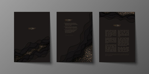 Wall Mural - set of elegant abstract luxury covers design with golden glitter, paper cut curved elements and copy