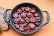 Deep-fried beef sausage in a pan. type of meat used in Turkish breakfasts