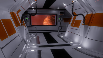 Poster - Corridor in a futuristic science fiction space ship or station with a planet seen through a window. 3D illustration.