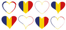 Set Of Red Hearts Icons With Flag Of Romania - Vector Illustration Design Element