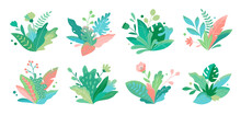 Botanical Futuristic Leaves And Flowers Isolated On A White Background. Abstract Modern Foliage Collection. Cartoon Bushes. Vector Modern Illustrations In Flat Style.