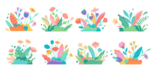 Botanical futuristic leaves and flowers isolated on a white background. Abstract modern foliage collection. Cartoon bushes. Vector modern illustrations in flat style.