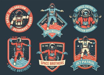 Wall Mural - astronaut retro emblem pack. space vintage badges, emblems and labels set. vector illustartion.