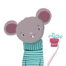 Cute Mouse With Present, Vector Clipart, Holiday Illustration Good For Card And Print Design