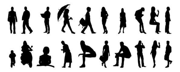 Wall Mural - Vector silhouettes, Outline silhouettes of people, Contour drawing, people silhouette, Icon Set Isolated, Silhouette of sitting people, Architectural set	