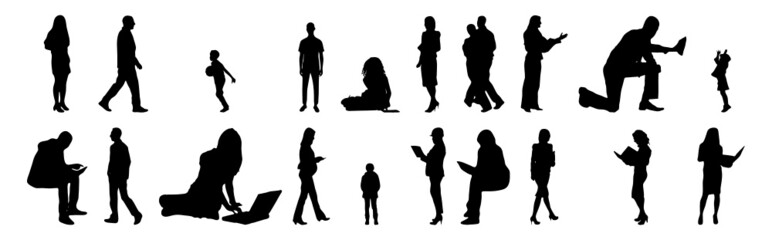 Wall Mural - Vector silhouettes, Outline silhouettes of people, Contour drawing, people silhouette, Icon Set Isolated, Silhouette of sitting people, Architectural set	
