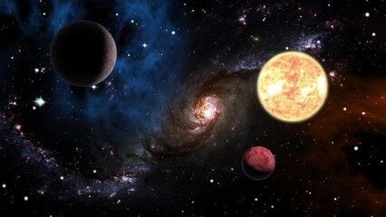 Wall Mural - Space flight slowly moving through universe among planets galaxies stars and nebulae