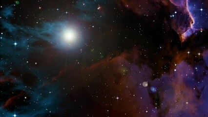 Wall Mural - Space flight slowly moving through universe among planets galaxies stars and nebulae