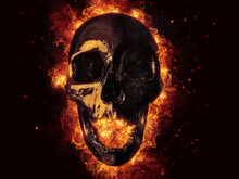Black Screaming Skull Engulfed In Flames And Fire - 3D Illustration