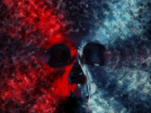 Skull Exploding Into Red And Blue Dust And Particles - 3D Illustration