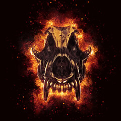 Wall Mural - Wolf skull exploding into flames and fire - 3D Illustration