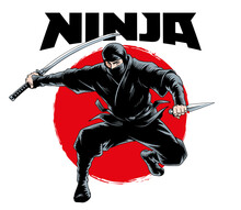 Ninja Warrior Attacks With Samurai Sword Katana Isolated, Comic Book Style Vector Illustration.