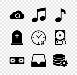 Poster - Set Cloud sync refresh, Music note, tone, , Stereo speaker, Social media inbox and Setting database server icon. Vector