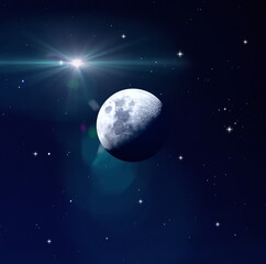 Wall Mural - blue night starry sky and big moon starrs flare light background