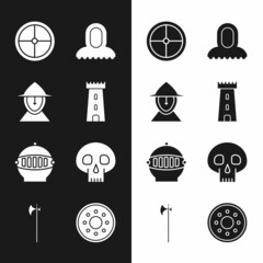 Set Castle tower, Medieval iron helmet, Round wooden shield, hood, Skull, and halberd icon. Vector