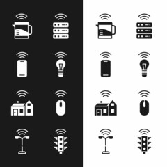 Sticker - Set Smart light bulb, Wireless smartphone, electric kettle, server, home with wireless, mouse, traffic and street icon. Vector