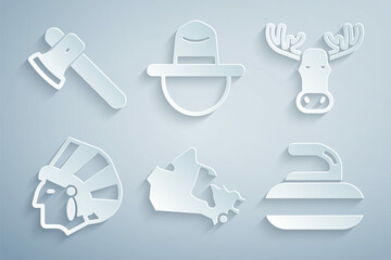 Wall Mural - Set Canada map, Moose head with horns, Native American Indian, Stone for curling, Canadian ranger hat and Wooden axe icon. Vector