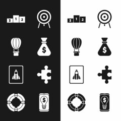 Sticker - Set Money bag, Hot air balloon, Business podium, Target, Startup project concept, Piece of puzzle, Light bulb with dollar mobile and lifebuoy icon. Vector