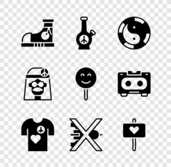 Wall Mural - Set Sneakers, Bong, Yin Yang symbol, Peace t-shirt print stamp, No war, Hippie girl and Smile face icon. Vector