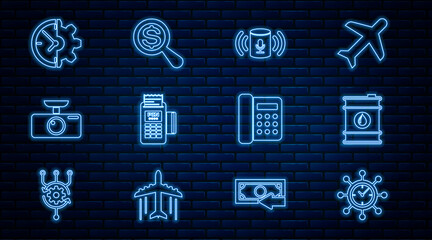 Poster - Set line Clock and gear, Barrel oil, Voice assistant, POS terminal, Car DVR, Telephone and Magnifying glass dollar icon. Vector