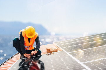 workers assemble energy system with solar panel for electricity