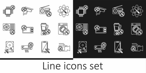 Sticker - Set line Video camera service, Washer, Radio, Microwave oven, Air conditioner, Processor, Blender and Security icon. Vector