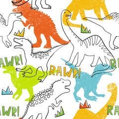 Wall Mural - Grunge seamless pattern with dinosaur on white background. Print for boys 