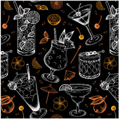 sketch hand drawn pattern of cocktail with lemon, pineapple, mint and lime isolated on black backgro