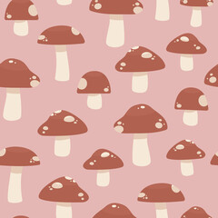 Wall Mural - Cute mushroom seamless vector pattern. Childish, simple, minimal cartoon style illustration in soft pink and red muted colors. Nature print for girls. Repeat background wallpaper texture for kids. 