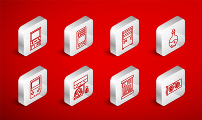 Poster - set line video graphic card, create account screen, computer, bottle with magic elixir, game guide, 