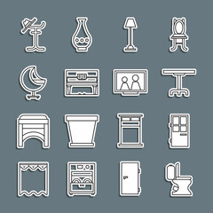 Sticker - Set line Toilet bowl, Closed door, Round table, Floor lamp, Grand piano, Armchair, Coat stand and Picture frame on icon. Vector