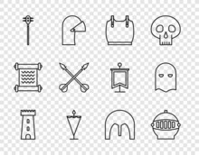 Set Line Castle Tower, Medieval Iron Helmet, Body Armor, Flag, Chained Mace Ball, Crossed Arrows, And Executioner Mask Icon. Vector