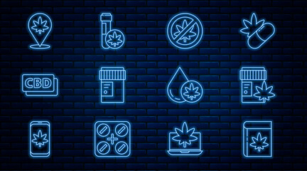 Wall Mural - Set line Book and marijuana or cannabis, Medical bottle with, Stop leaf, Cannabis molecule, Location, Marijuana olive oil and Chemical test tube icon. Vector