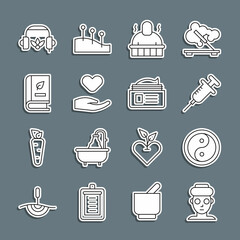 Sticker - Set line Facial cosmetic mask, Yin Yang, Syringe, Sauna and spa procedures, Heart hand, Medical book, Headphones for meditation and Ointment cream tube icon. Vector