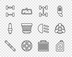 Sticker - Set line Car chain, Canister for motor oil, Chassis car, Alloy wheel, air filter, radiator cooling system and ventilator icon. Vector