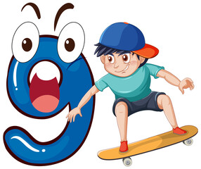 Poster - A boy playing skateboard with number nine cartoon