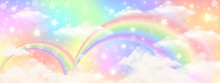 Holographic Fantasy Rainbow Unicorn Background With Clouds. Pastel Color Sky. Magical Landscape, Abstract Fabulous Pattern. Cute Candy Wallpaper. Vector.